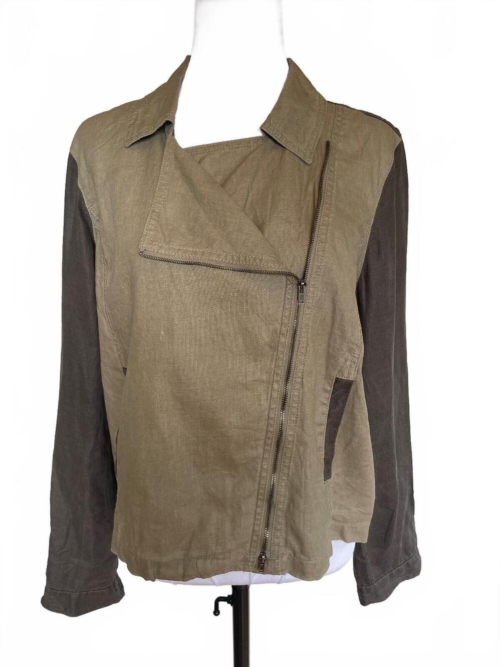 Eileen Fisher Organic Linen Moto Jacket L Olive Brown Asymmetrical Zip Natural